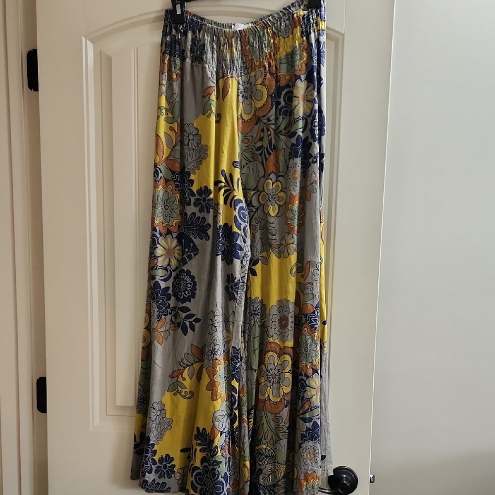 Floral Wide Leg Pants - Yellow and Gray